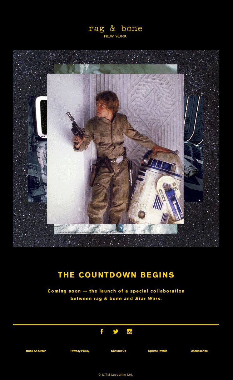 rag & bone limited edition launch email with Star Wars countdown theme