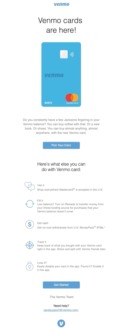 Venmo product launch announcement email utilizing the Problem, Agitation, Solution approach to helping customers