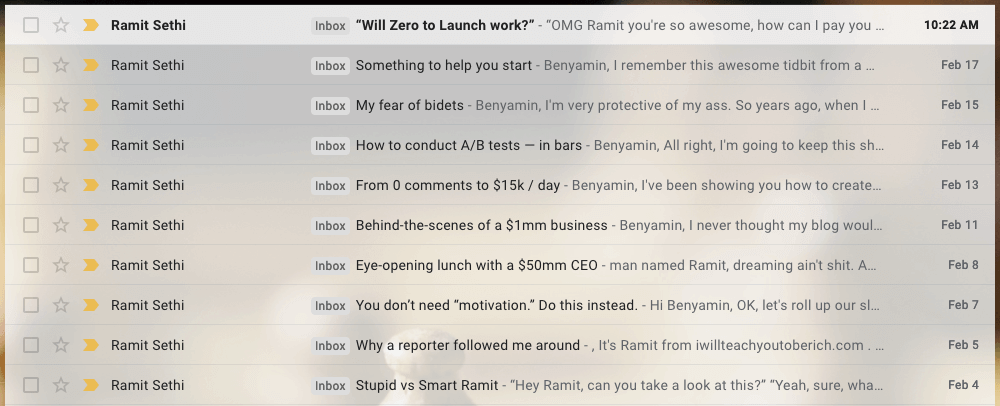 Capture d'écran d'une boite de réception affichant les mails de bienvenue envoyés par Rammit Sethi.