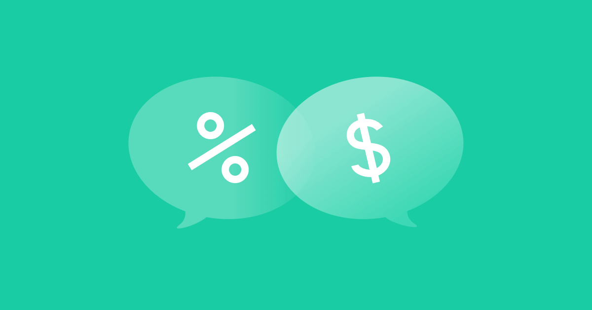 Illustration of a percentage and dollar sign in speech bubbles