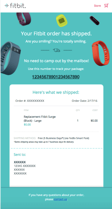 Screenshot of a fitbit confirmation email