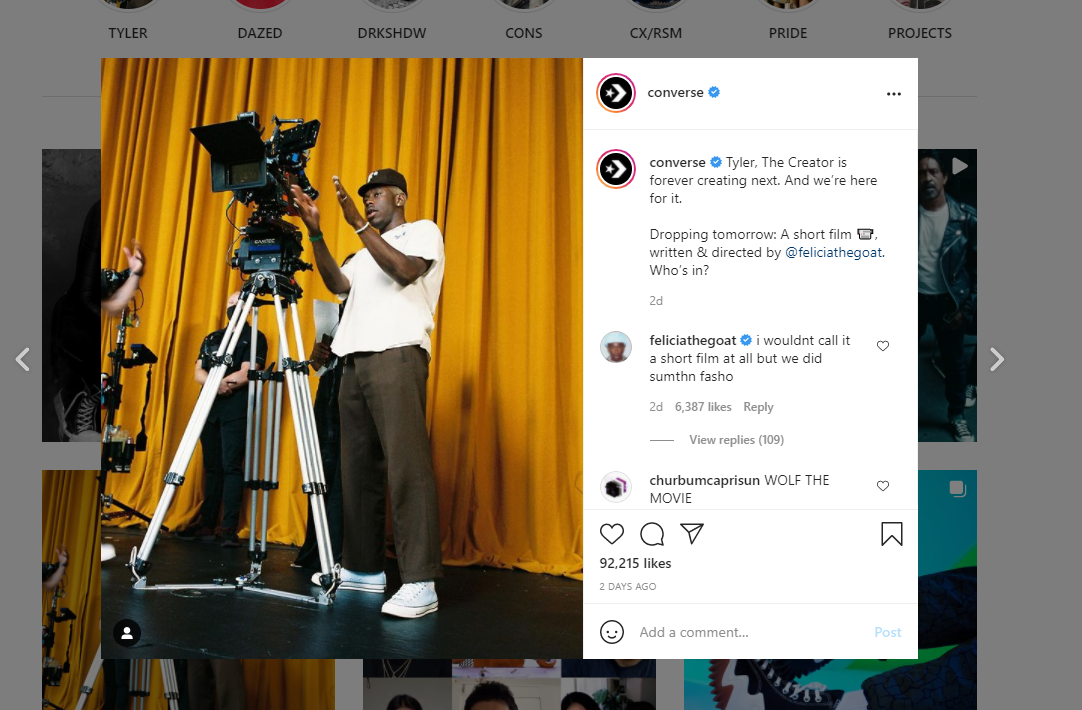 instagram post showing cross-collaboration between Converse and Tyler the Creator