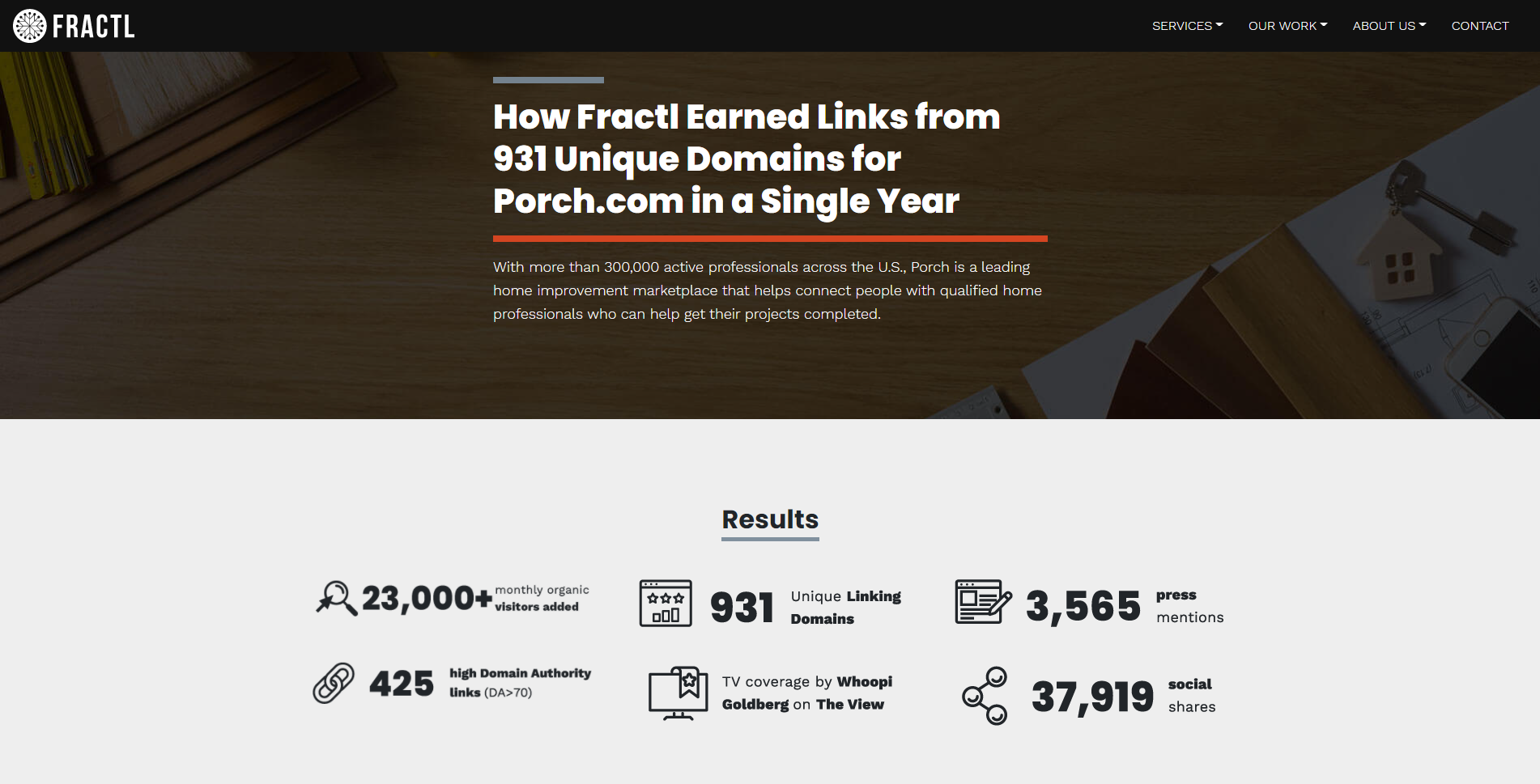 Fractl link building case study showing how they earned 931 unique domains for Porch.com in a year