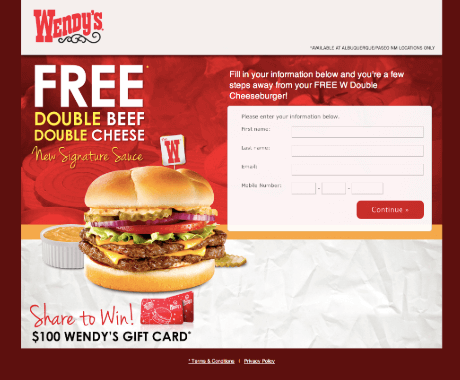  wendys landing page opt in example