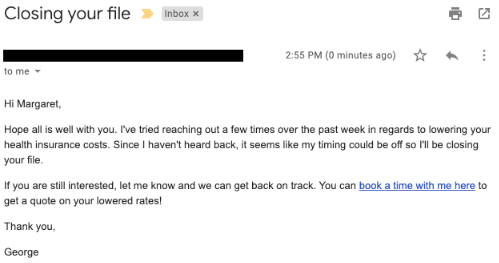 follow-up email for closing a file or ending communications to improve engagement