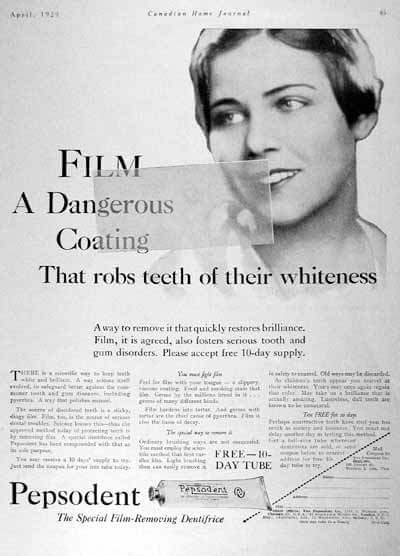 example of convincing copywriting with the headline "Film: A Dangerous Coating That robs teeth of their whiteness"