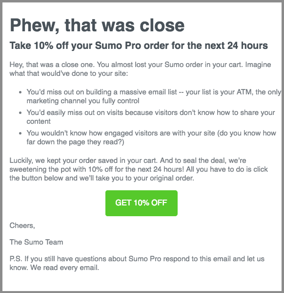 Sumo abandoned cart email
