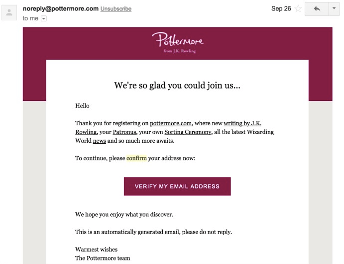 Pottermore double opt-in email example