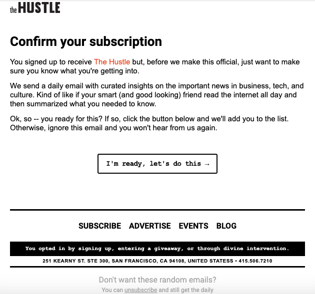 Screenshot of a Hustle confirmation email