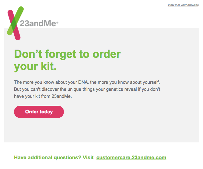 23andMe abandoned cart email