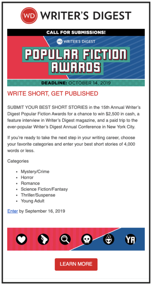Writer's Digest content popular fiction awards email newsletter design example