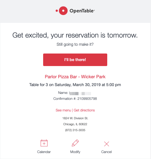 OpenTable booking confirmation email
