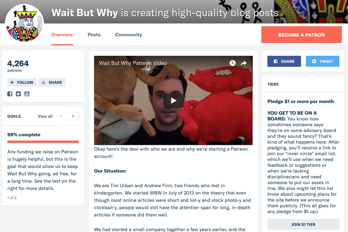 The Patreon page for Wait But Why