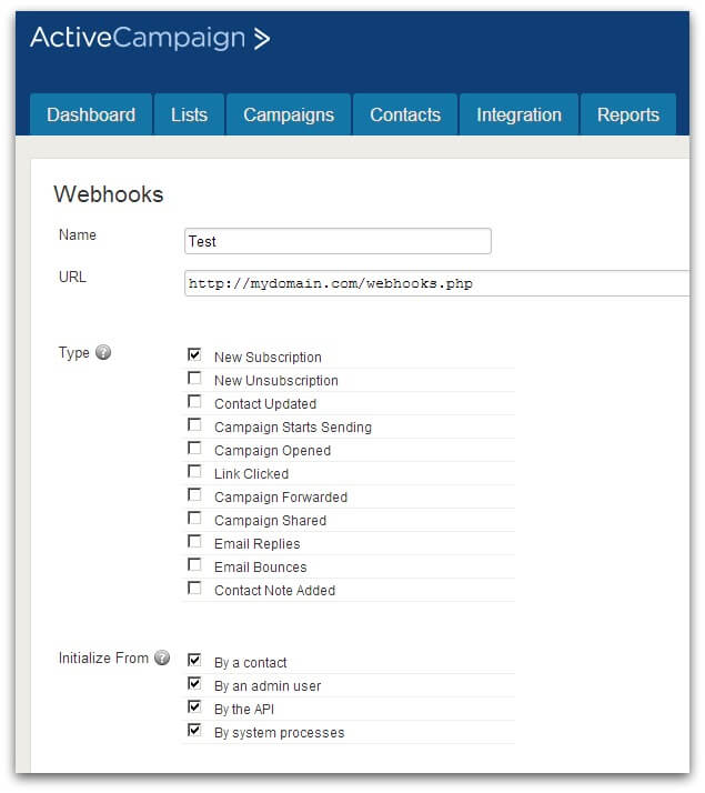 Screenshot of webhooks page