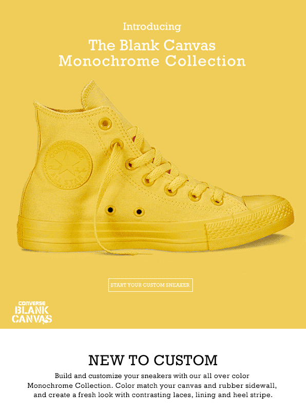 Converse product launch email promoting The Blank Canvas Monochrome Collection