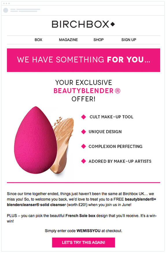 Birchbox win-back email demonstrating best practices for customer incentives