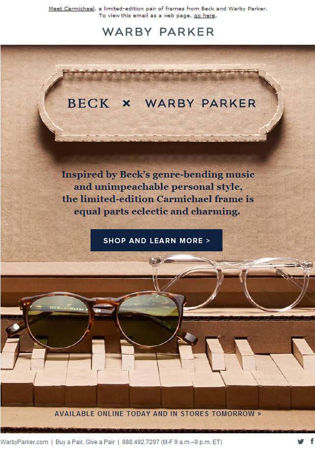 Warby Parker launch email with Beck limited-edition Carmichael frame