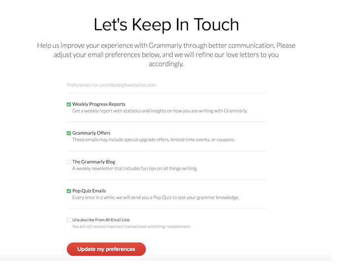 grammarly unsubscribe message giving the user alternatives to stay in touch