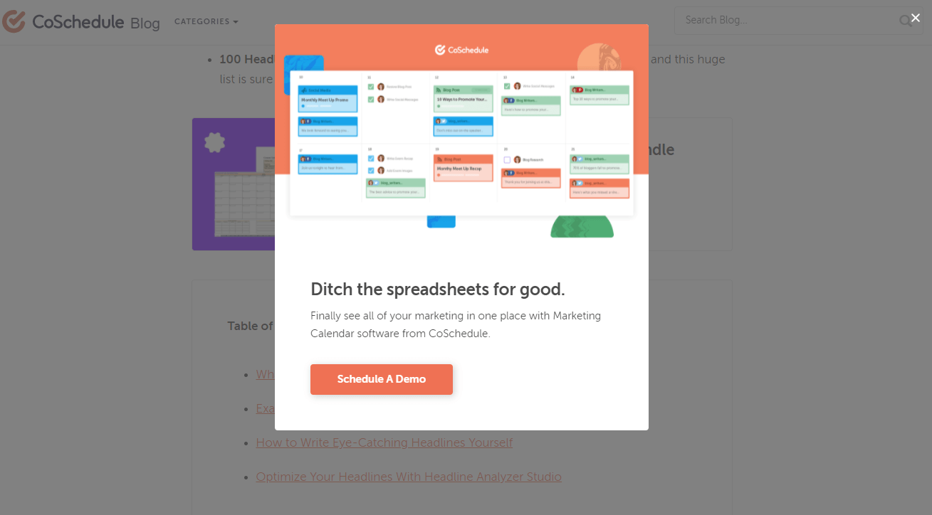 CoSchedule email popup examples