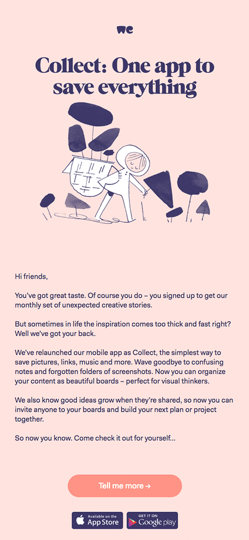 Product update announcement email from Collect by WeTransfer