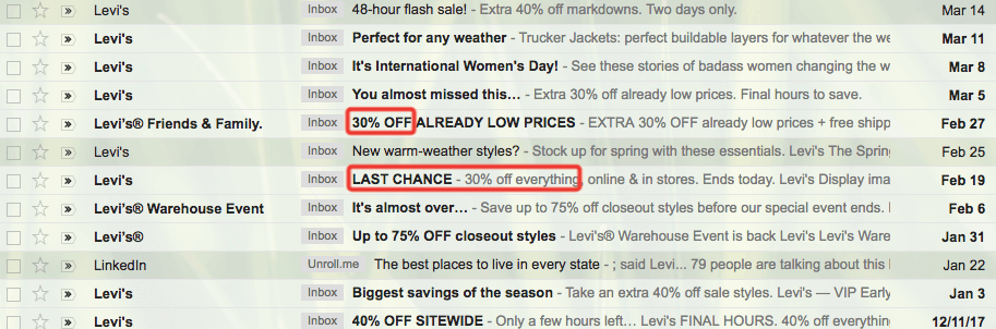 bad email example where Levi's is sending emails nearly every day