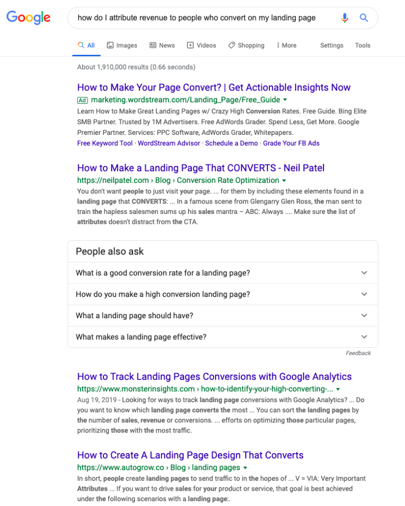 The Google results page for a long-tail keyword