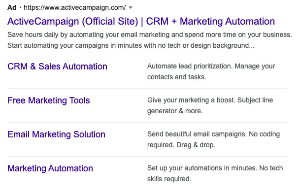 Example of the ActiveCampaign PPC ad on Google | ActiveCampaign