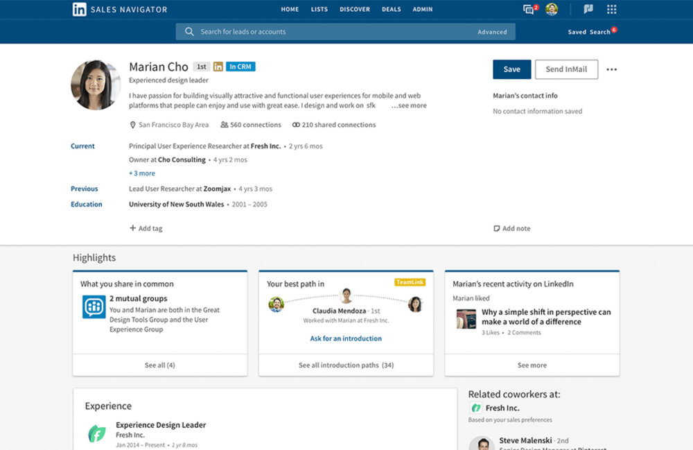 LinkedIn Sales Navigator dashboard