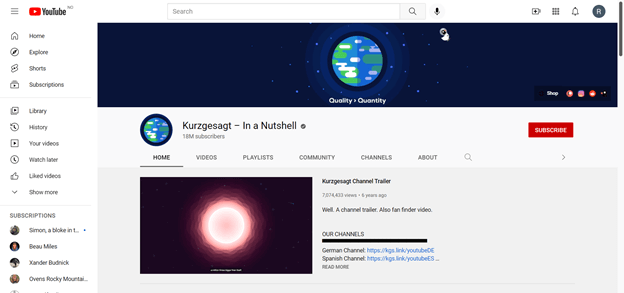 The Kurzgesagt YouTube channel page