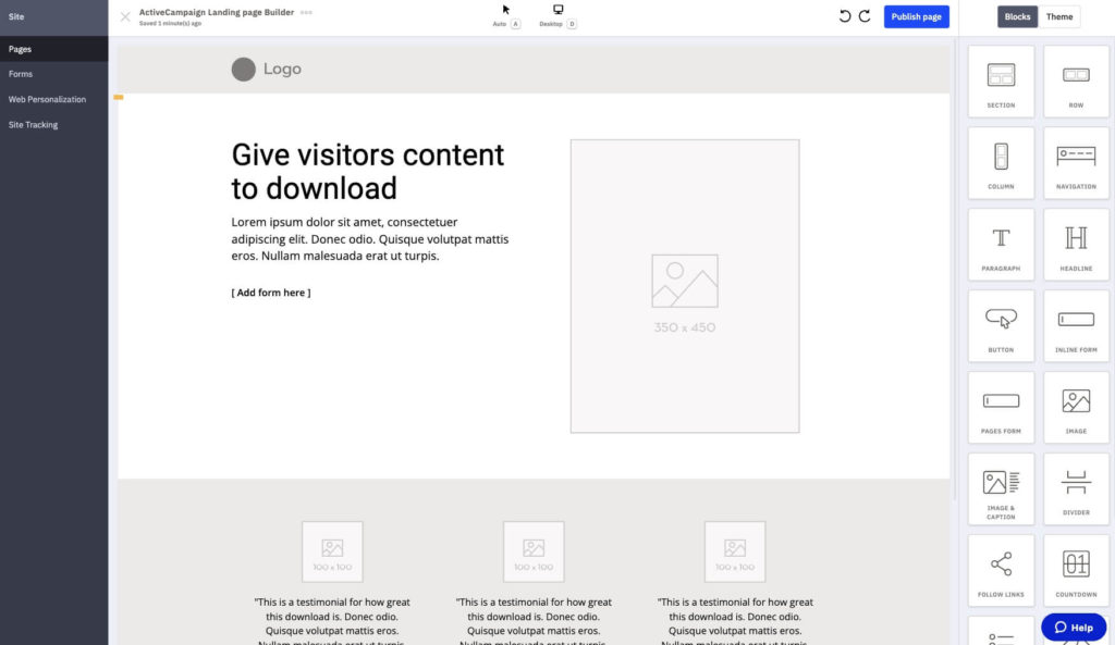 ActiveCampaign's landing page builder