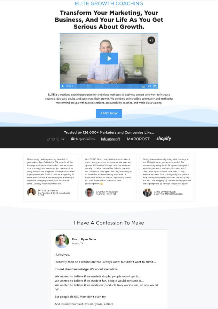 example informational landing page by digitalmarketer.com for elite growth coatching