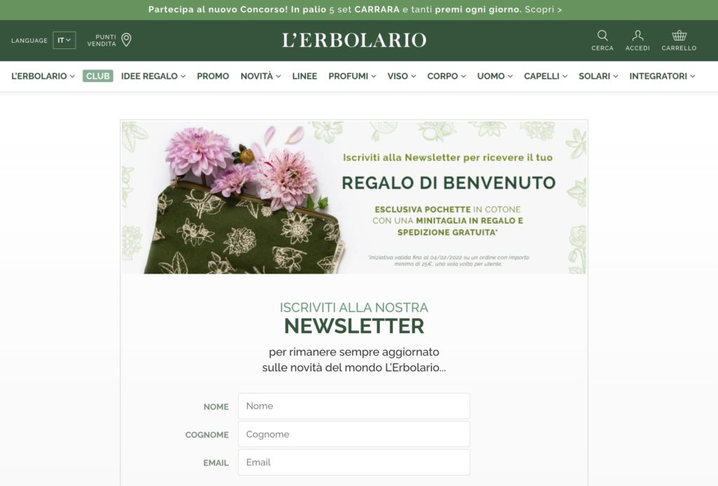 landing page per opt-in email L'erbolario