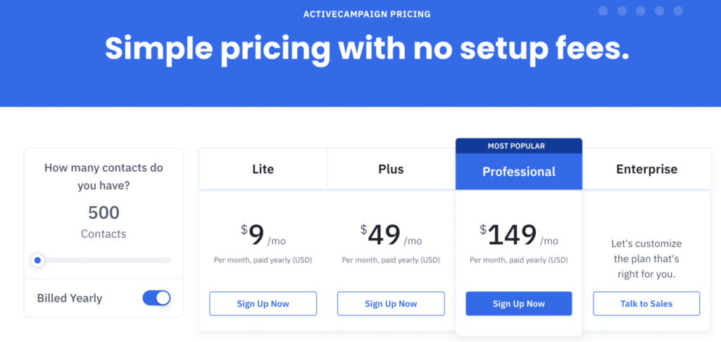 Screenshot of ActiveCampaign's pricing page