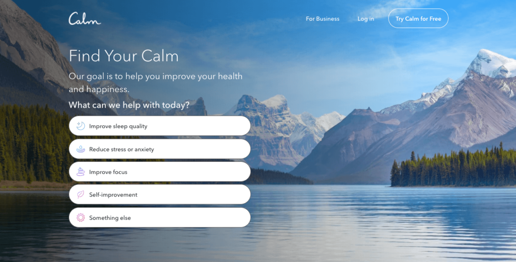 Screenshot of the Calm app website with navigation buttons