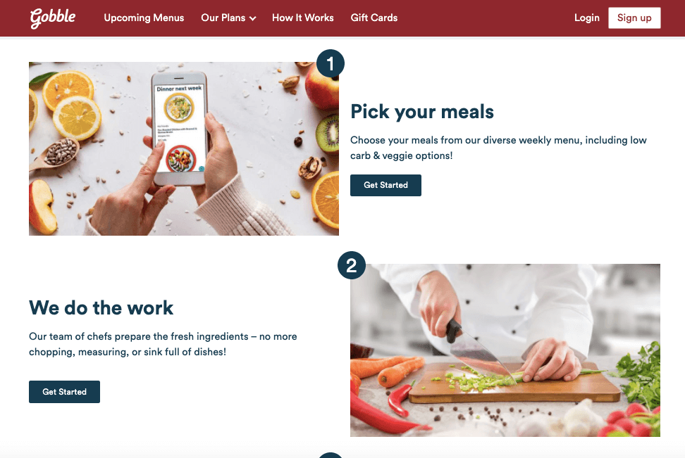 Captura de pantalla del sitio web de Gobble con imágenes de productos