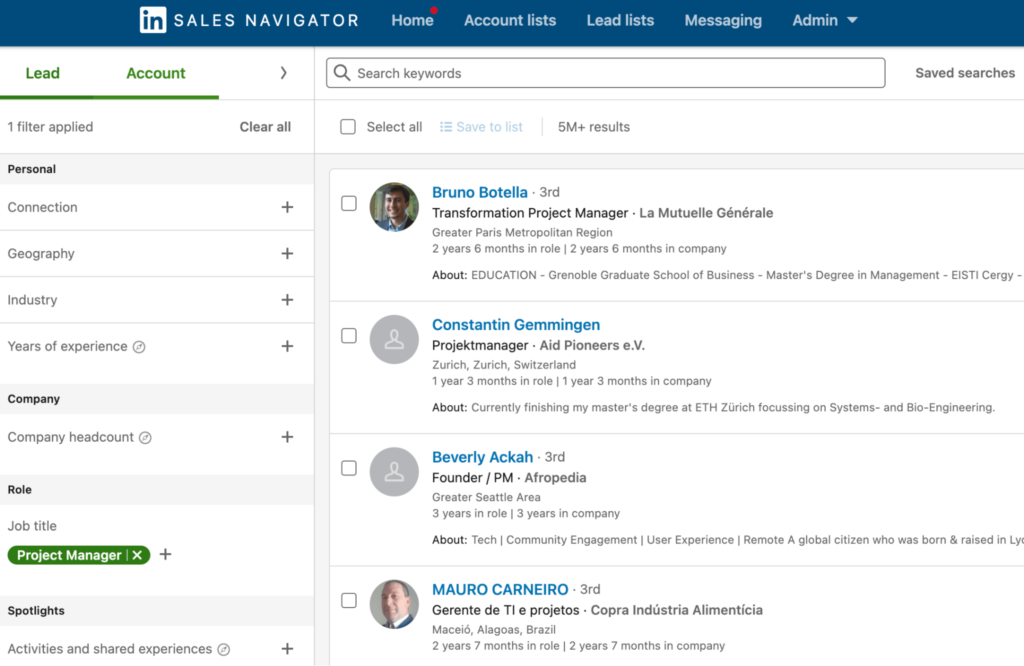 example of a linkedin sales navigator search