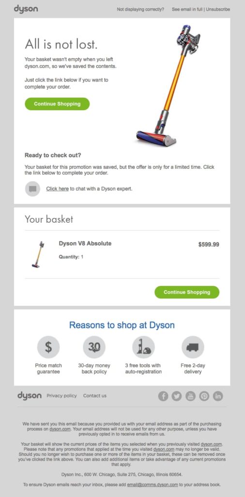 esempio di email di recupero carrello abbandonato del brand Dyson, qui vengono inserite le ragioni per acquistare un loro prodotto.