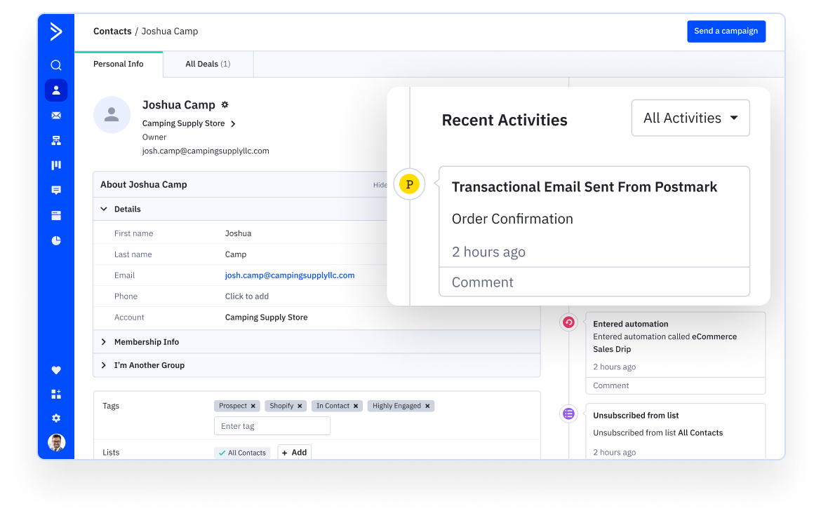 tracking transactional email in ActiveCampaign contacts