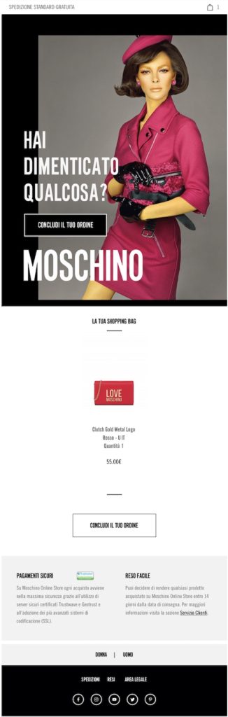 email di esempio di recupero carrello abbandonato del brand di abbigliamento Moschino.