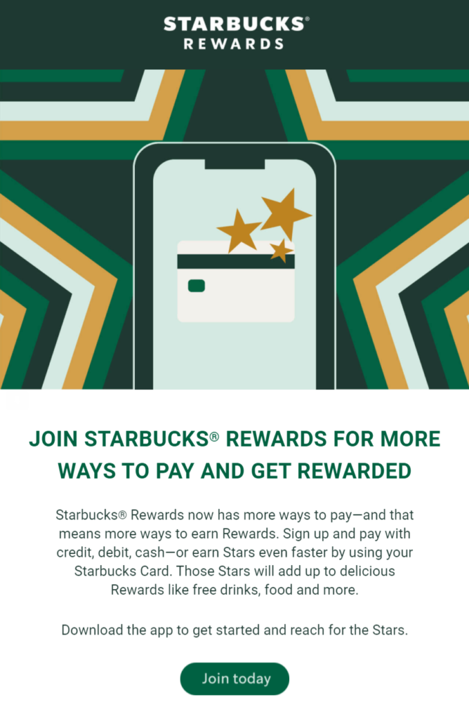 Esempio di email marketing dell'azienda Starbucks per l'iscrizione degli utenti al programma fedeltà