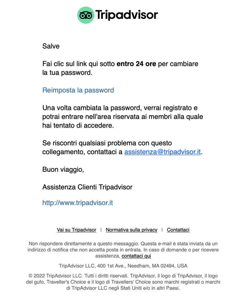 esempio di email inviata da Tripadvisor per il recupero password dell'account