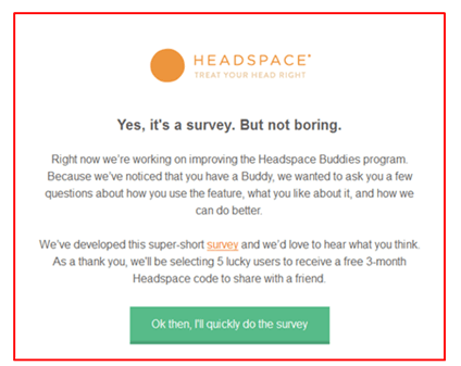 Email dell'azienda Headspace che invita gli utenti abbonati a compilare un sondaggio in modo ironico