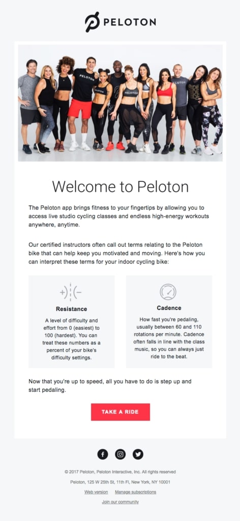 Email benvenuto Peloton
