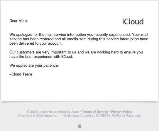 Email di scuse inviata da iCloud Team ai clienti per un'interruzione di servizio