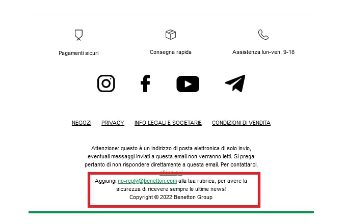 Gestione whitelist nell'email footer di Benetton