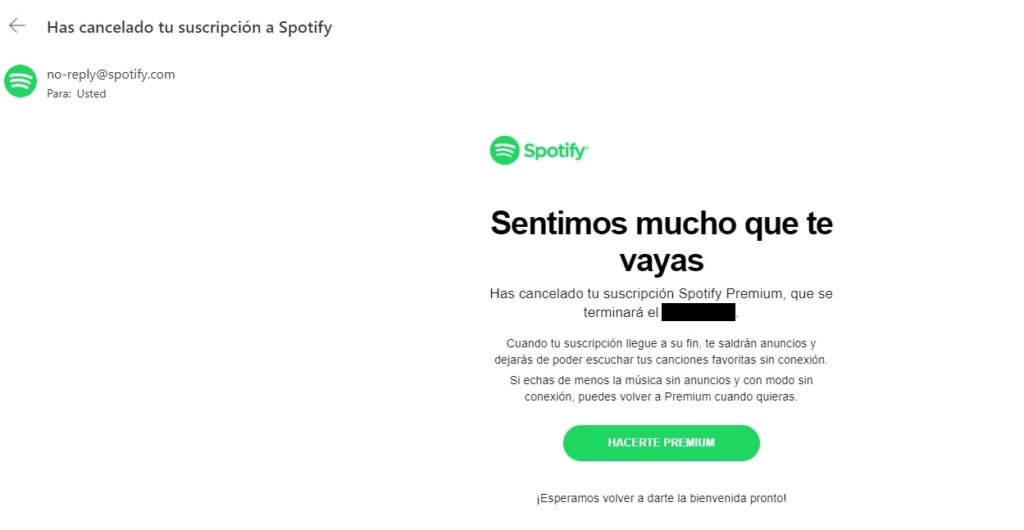 Email cancelación suscripción Spotify Premium