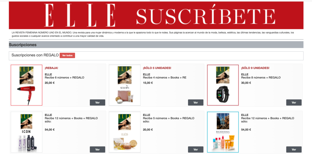 Según el tipo de suscripción, Elle ofrece productos relacionados con estilo de vida y de marcas anunciantes.