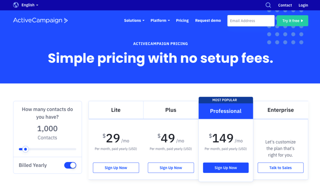 Screenshot of ActiveCampaign's pricing page