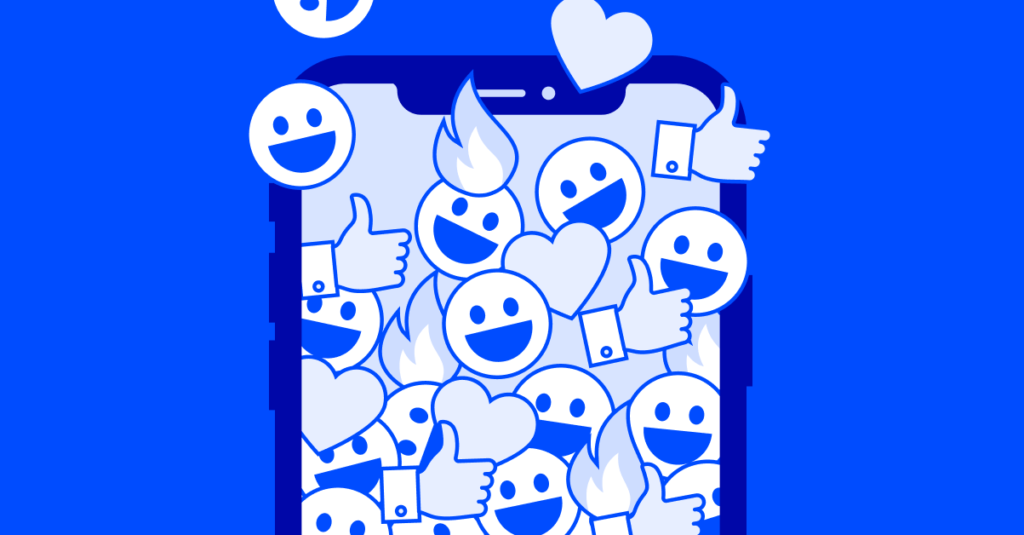 emoji che escono dallo schermo di uno smartphone.