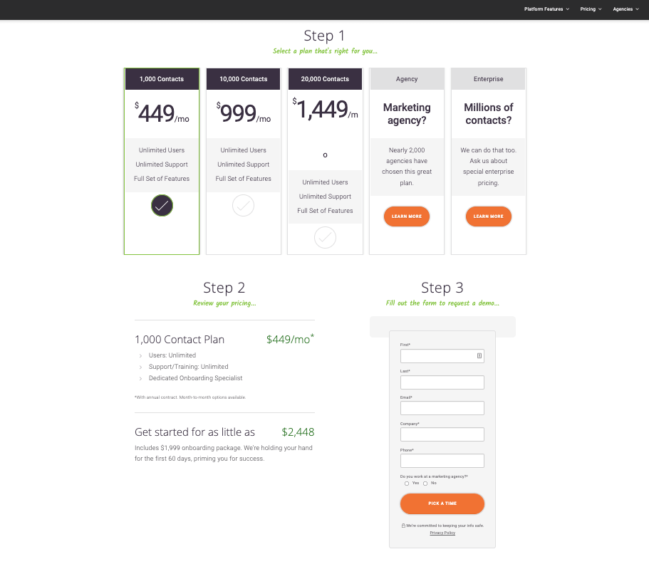 Screenshot of SharpSpring's pricing page